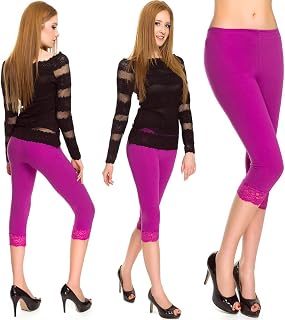 Women's 3/4 Length Leggings with Lace - Opaque Capri Trousers Made of Cotton - Shortened High Quality Summer Leggings