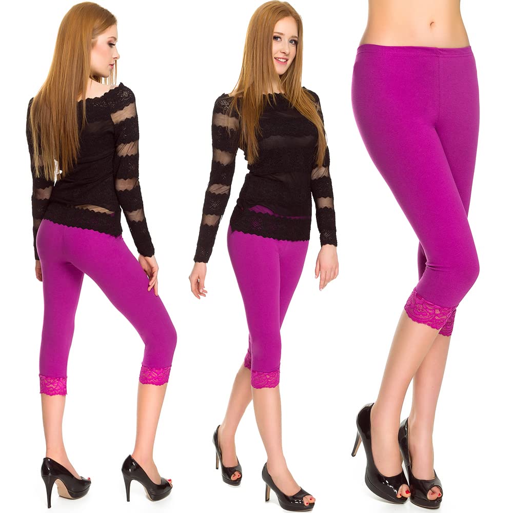 Women's 3/4 Length Leggings with Lace - Opaque Capri Trousers Made of Cotton - S