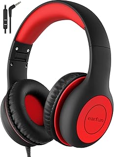 EarFun K1 Kids Headphones Wired with Mic, Volume Limit Headphones for Kids | Portable Wired Headphone with Shareport, Stereo Sound, Foldable Headset for School/Toddler/Tablet/iPad/Kindle, Black Red