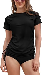 SHEKINI Women's Rashguard Short Sleeve Swim Top with Adjustable Side Drawstring S-XXL