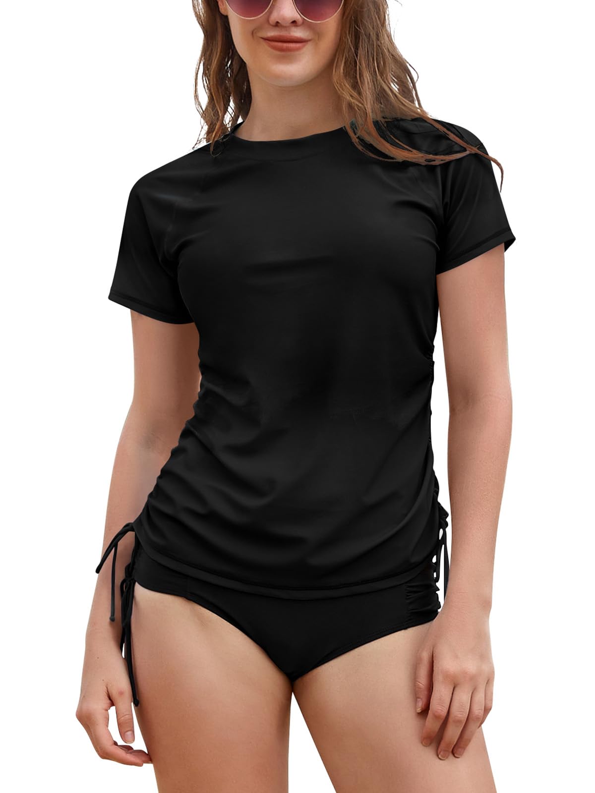 SHEKINI Women's Rashguard Short Sleeve Swim Top with Adjustable Side Drawstring 