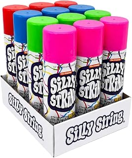 The Original Silly String! Silly String Party Pack, 12 pack, Assorted Colors, 3oz Large Can The Only REAL Party in a Can! Be Silly! Shoots over 15ft!