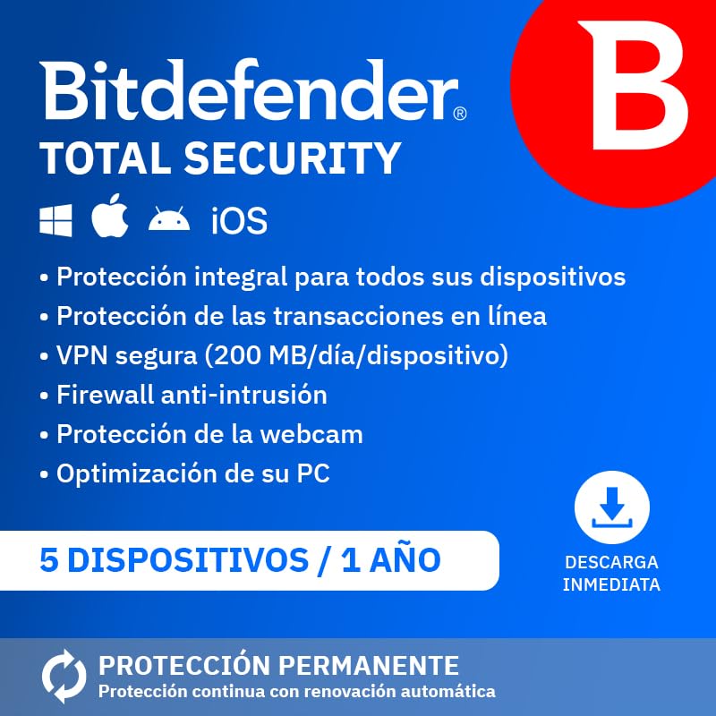 Bitdefender Total Security 2026| 5 Dispositivos | 1 Año | PC/Mac/iOS/Android | C