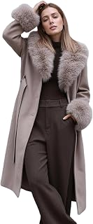 Bellivera Faux Fur Jacket Women Furry Trim Thicken Belted Parka