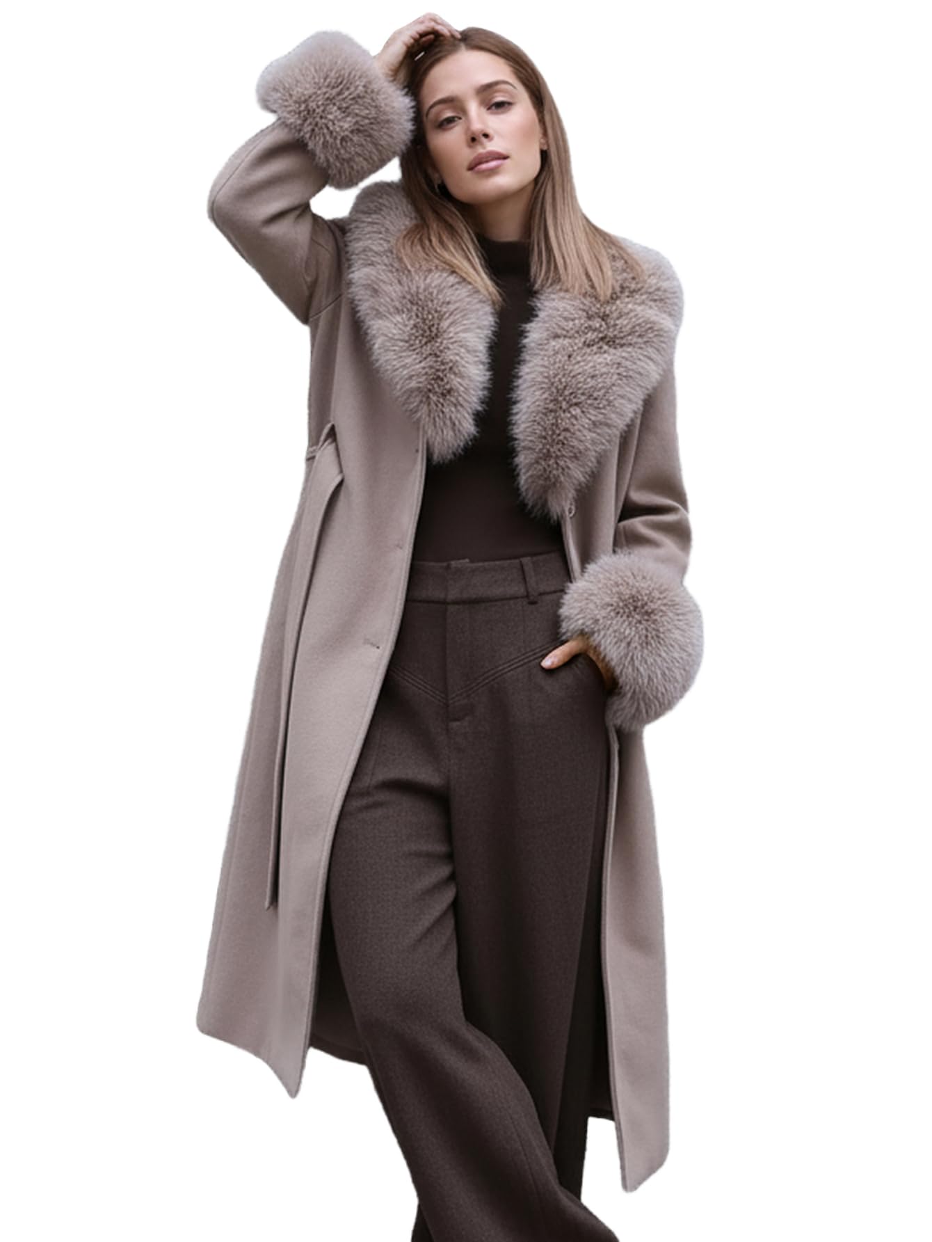 Bellivera Faux Fur Jacket Women Furry Trim Thicken Belted Parka