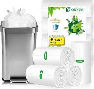 OKKEAI 30L Pedal Bin Liners, Strong White Bin Bags for Kitchen, 40 Count