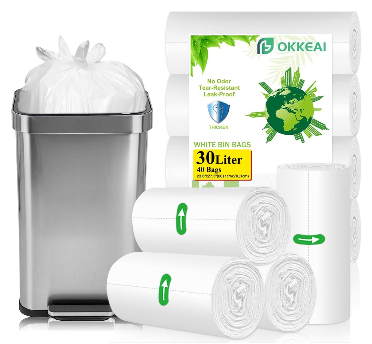 OKKEAI 30L Pedal Bin Liners, Strong White Bin Bags for Kitchen, 40 Count
