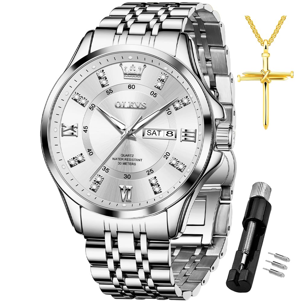 OLEVS Mens Square Analog Quartz Date Stainless Steel Waterproof Luminous Two Ton