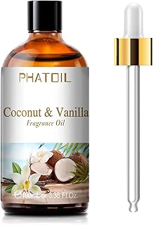 PHATOIL Coconut & Vanilla Fragrance Oil for Diffuser Aromatherapy 3.38FL.OZ | Long Lasting Scented Oils For Humidifier, Air Freshener, DIY Soap Candle, Scent Project Making, Aroma Oil For Home Freshening
