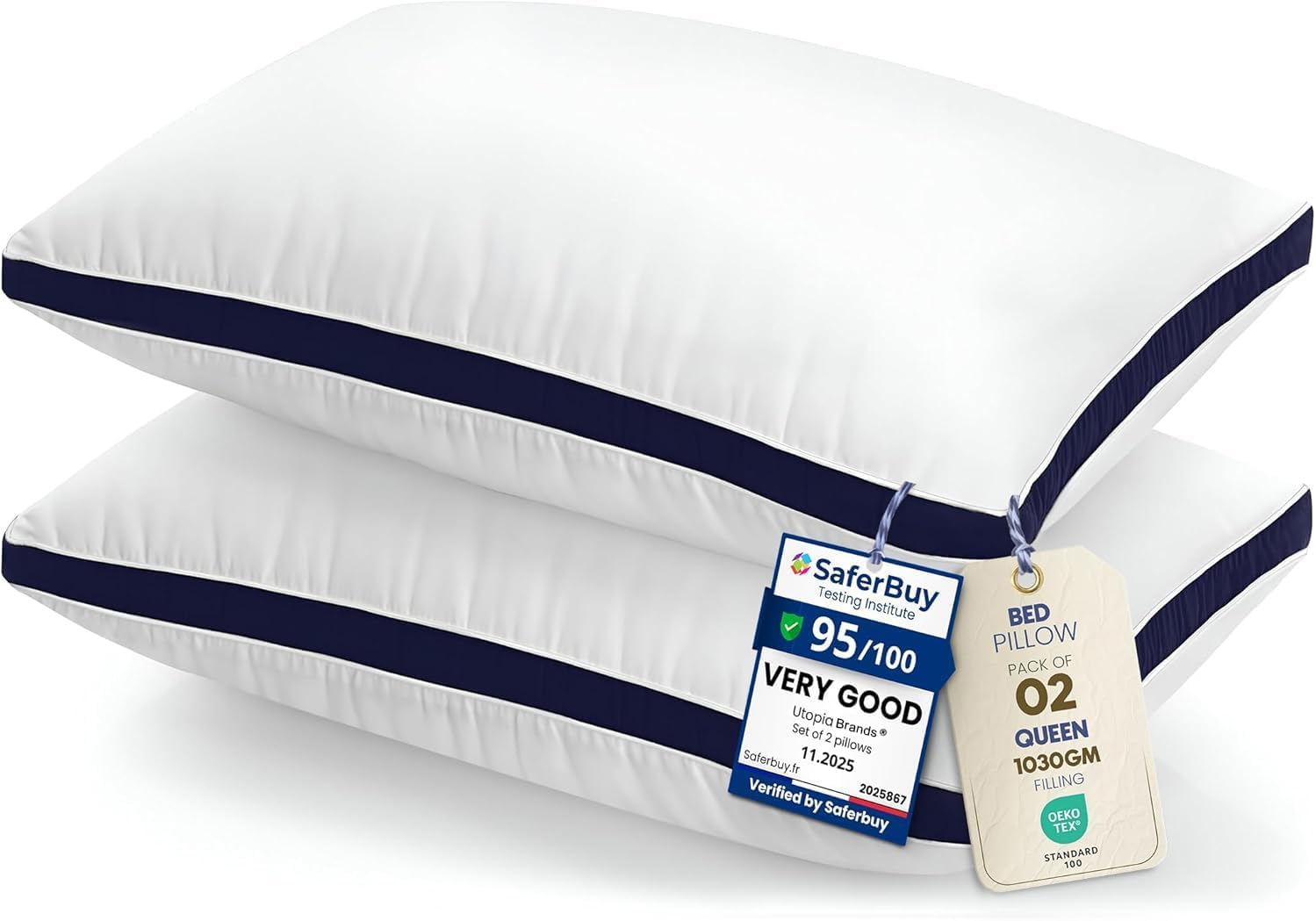 Utopia Bedding Pillows 2 Pack, Queen Bed Pillows, Brushed Fabric, Navy | 45x66 c
