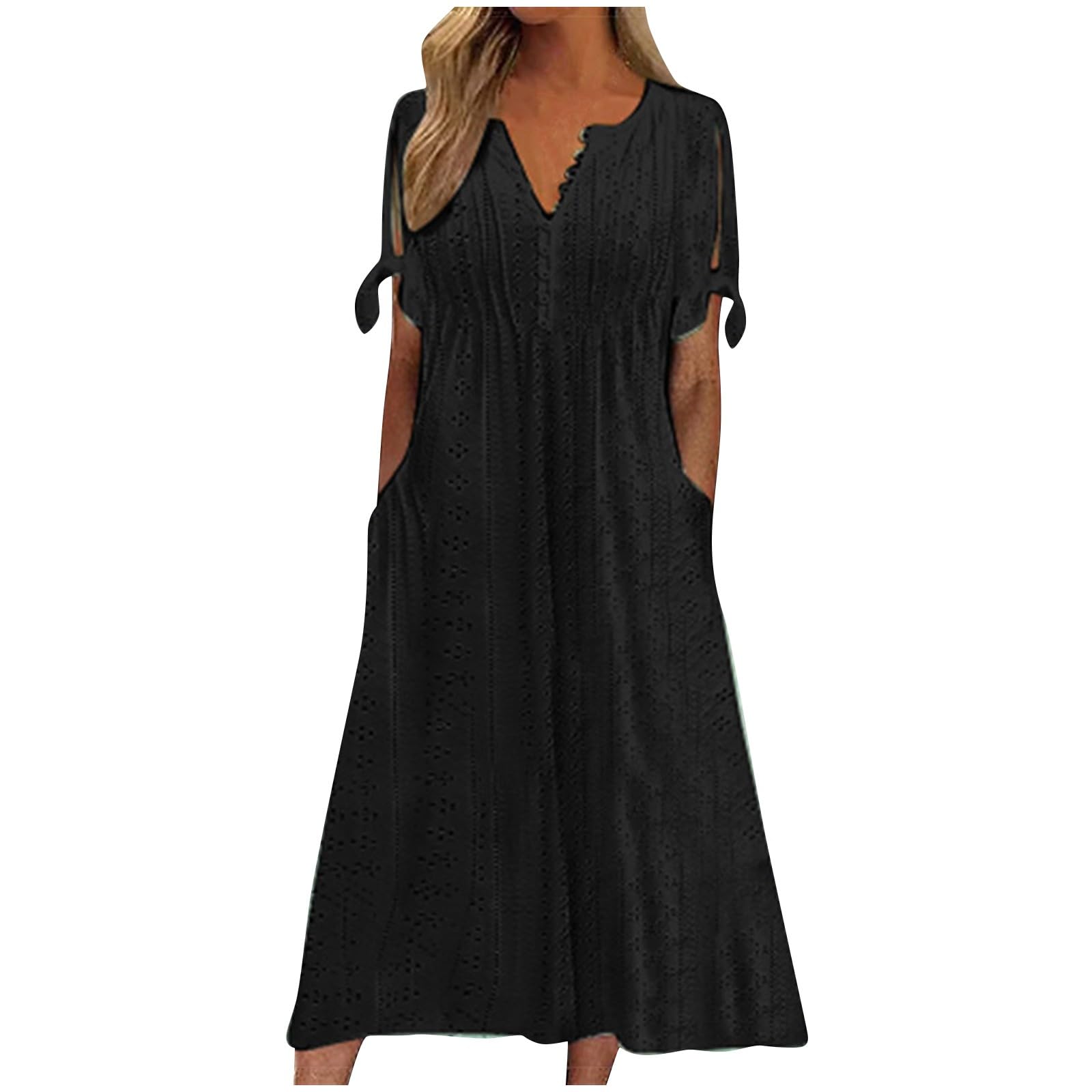 Women Trendy Short Sleeve Eyelet Casual Summer Beach Holiday Summer Maxi Dress