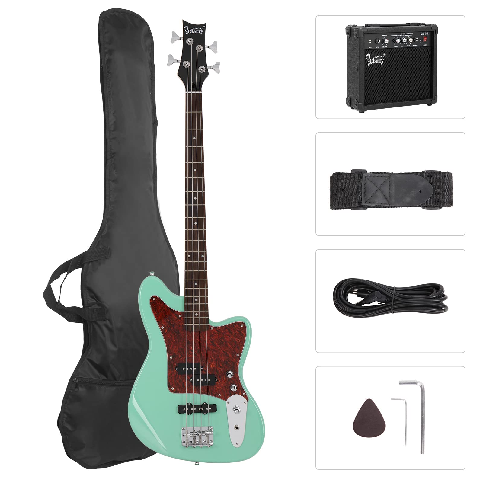 GLARRY 4 String Electric Bass Guitar Beginner Kit w/20w Amp, Red Pearl Guard Ful