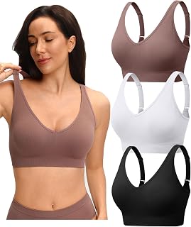 Evercute Womens V Neck Bras 3 Pack Adjustable Wireless Supportive No Underwire Bras Padded Comfort Bralette for Everyday