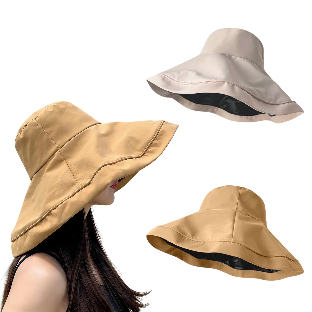 2 Pack Women Wide Rim Bucket Hat Sun Protection and Breathable Adjustable Foldin