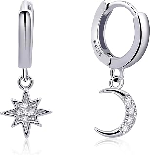 925 Sterling Silver Huggie Hoop Earrings with Moon & Star Design - Handmade Drop Dangle Jewelry for Women Girls, 14K Gold Plated & Silver