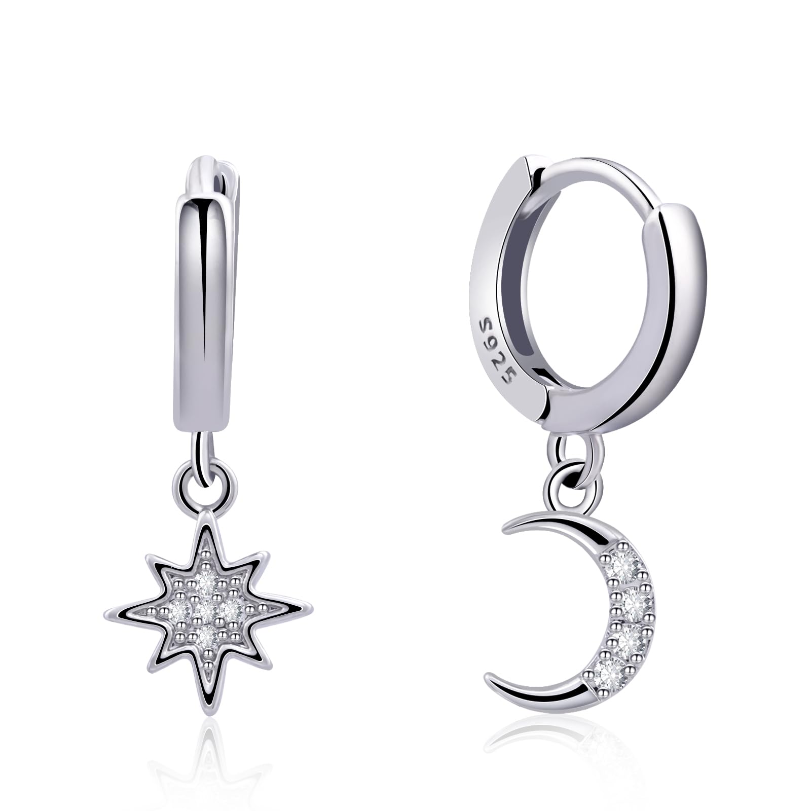 925 Sterling Silver Huggie Hoop Earrings with Moon & Star Design - Handmade Drop