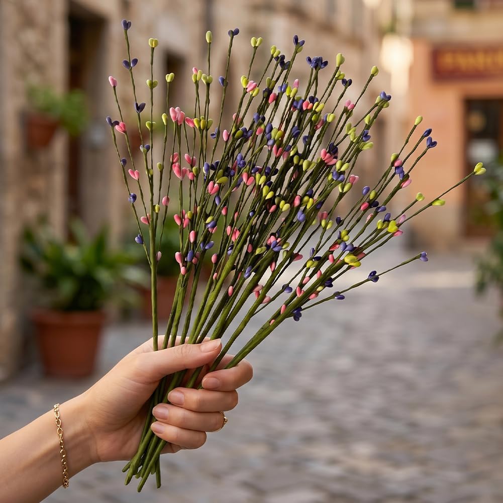 10 Pcs Artificial Spring Berry Flowers Purple Pink Yellow Plastic Stems for DIY 