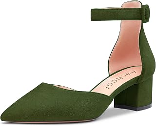 Aachcol Women's Chunky Block Heel Medium Low Heel Pumps Ankle Strap Lace Toe Cap Dress Shoes Office Shoes Party Wedding Suede 5 cm