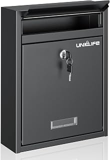 Uniclife Wall Mount Mailbox for Outside, Locking Mail Box, Black | Large Mailbox with Key Lock, Security Mail Box for House, Safe Key Drop Box, Steel Cash Drop Box for Home Office School