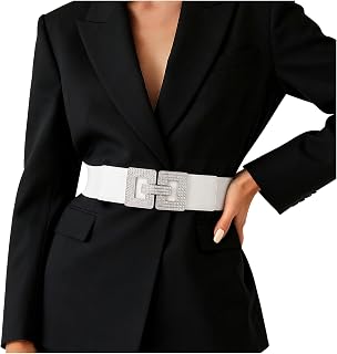 JasGood Women's Belt, Wide Elastic Waist Belt with Silver Rhinestone Buckle, Vintage Retro Stretchy Belt for Dress and Knitted Skirt