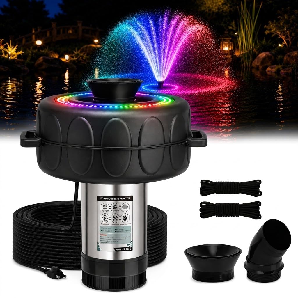 Pond Fountain Aerator with Lights RGB Light 1HP 750W 110V Fountain, Floating Pon