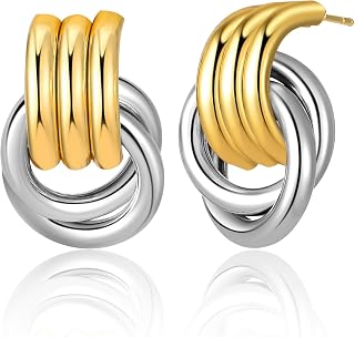 Chunky Gold Geometric Earrings for Women, Lightweight Gold Knot Dangle Drop Statement Dupes Long Link Earrings, Hypoallergenic Gold Plated Vintage Earrings Jewelry Trendy for Women