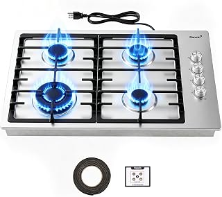 Ranein 30 Inch 4 Burner Gas Cooktop, NG/LPG Convertible Gas Stove Top, 304 Stainless Steel with Thermocouple Flameout Protection for Kitchens, Apartments, RVs