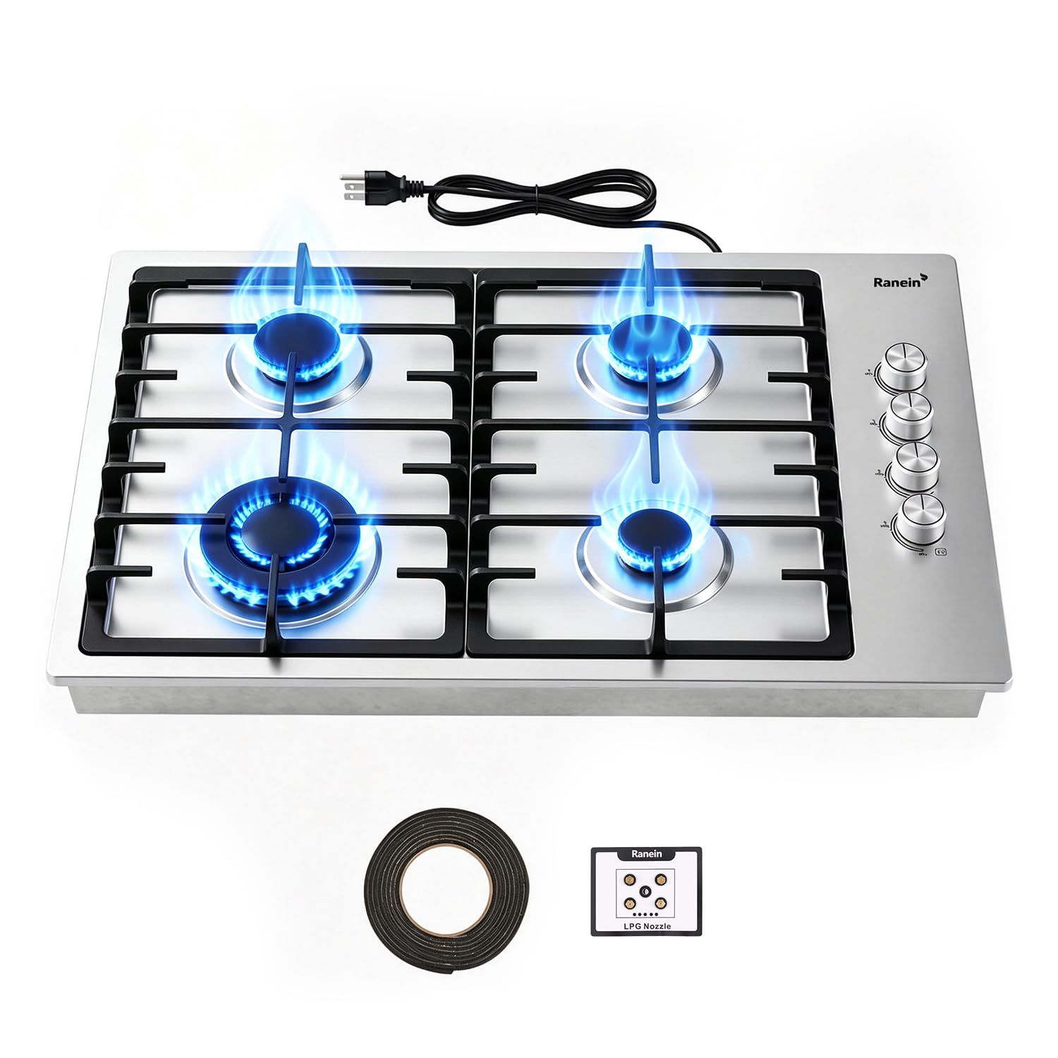 Ranein 30 Inch 4 Burner Gas Cooktop, NG/LPG Convertible Gas Stove Top, 304 Stain