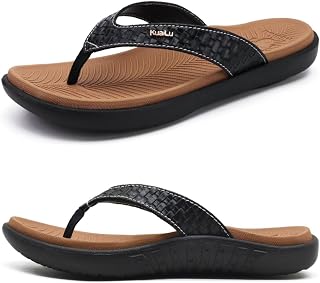 KuaiLu Women's Flip-Flops, Leather Toe Separator with Arch Support for Summer, Beach, Women's Comfortable Yoga Mat Thong Sandals for Plantar Fasciitis