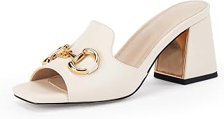 gihubafuil Women's Sandals Peep Toe Slides Chunky Heel Mules Single Band Comfort Slip-on Shoes with Metal Chain for Spring Summer