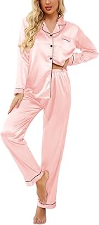 Ekouaer Satin Pajamas for Women Long Sleeve Pajamas Set Button Down Sleepwear V Neck Sleepwear Two-Piece Sets Home Suit
