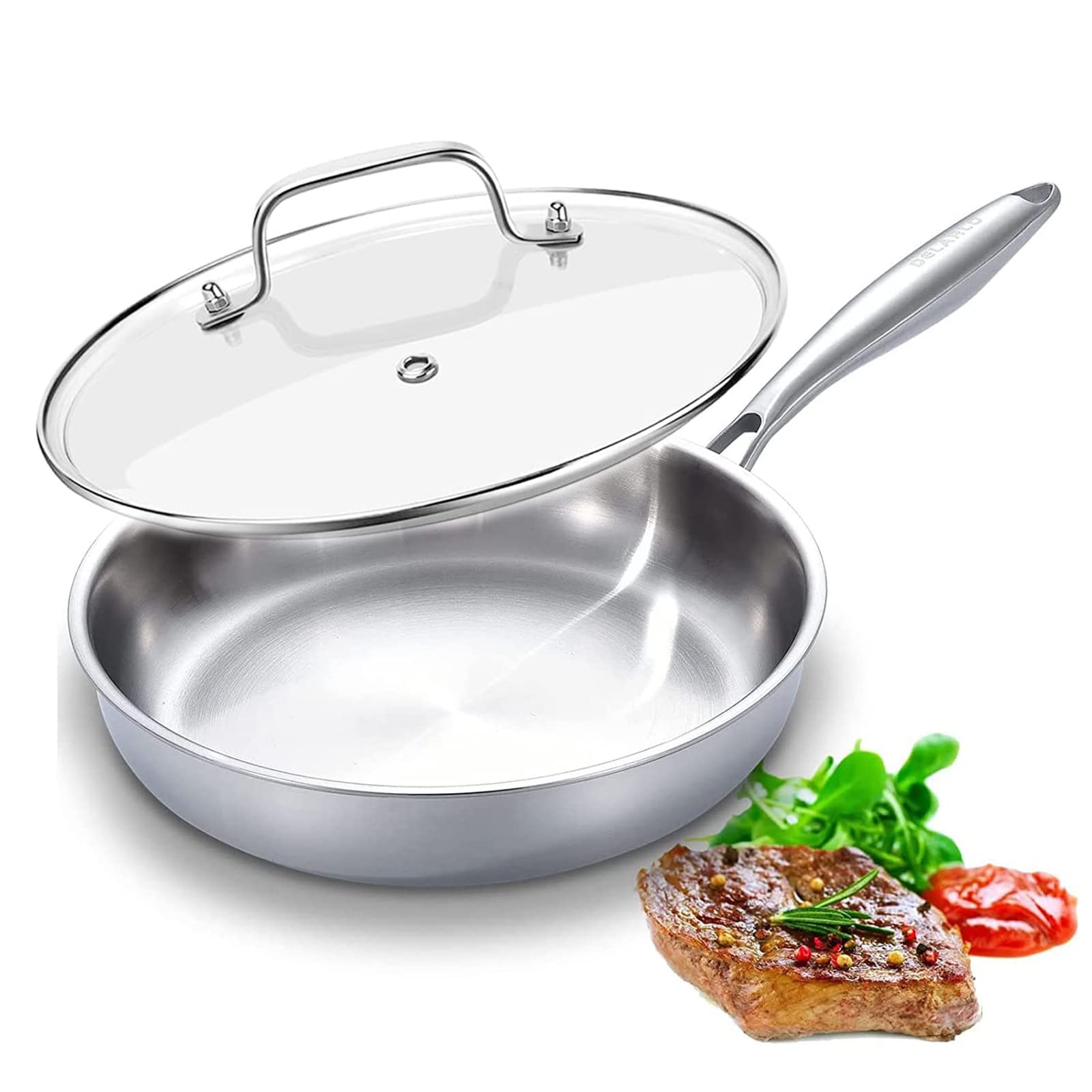 DELARLO 3 Layer Stainless Steel Frying Pan with Lid and Detachable Handle, 30.5 