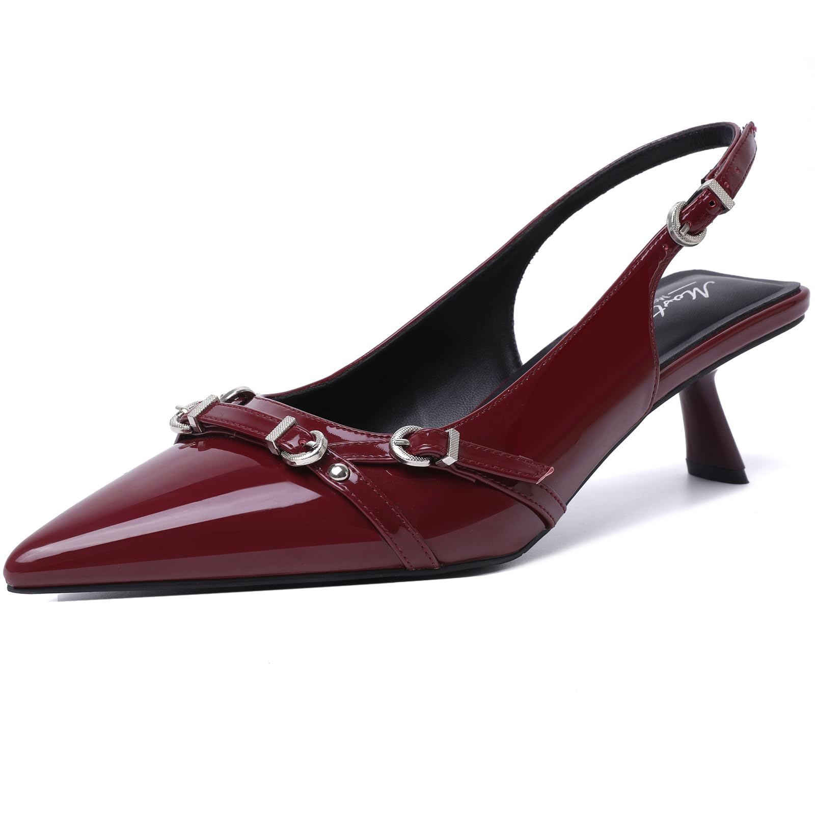 Mostrin Kitten Heels for Women Pointed Toe Pumps Patent Leather Low Heel Slingba