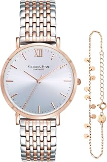 VICTORIA HYDE Ladies Silver Rose Gold Big Wrist Watch Two Tone Watches for Women, Stainless Steel Watch Set, Rose Gold, Japanese