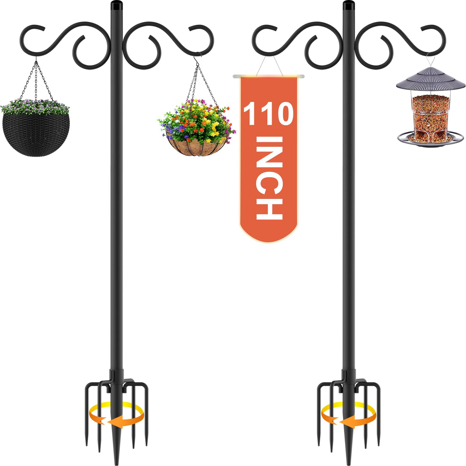 RCUICA Double Shepherds Hooks for Outdoor,2 Pack 110Inch Bird Feeder Pole with 5