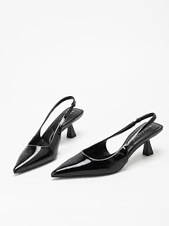 Elegant Pointed Toe Slingback High Heels, Black, Stylish Patent Finish