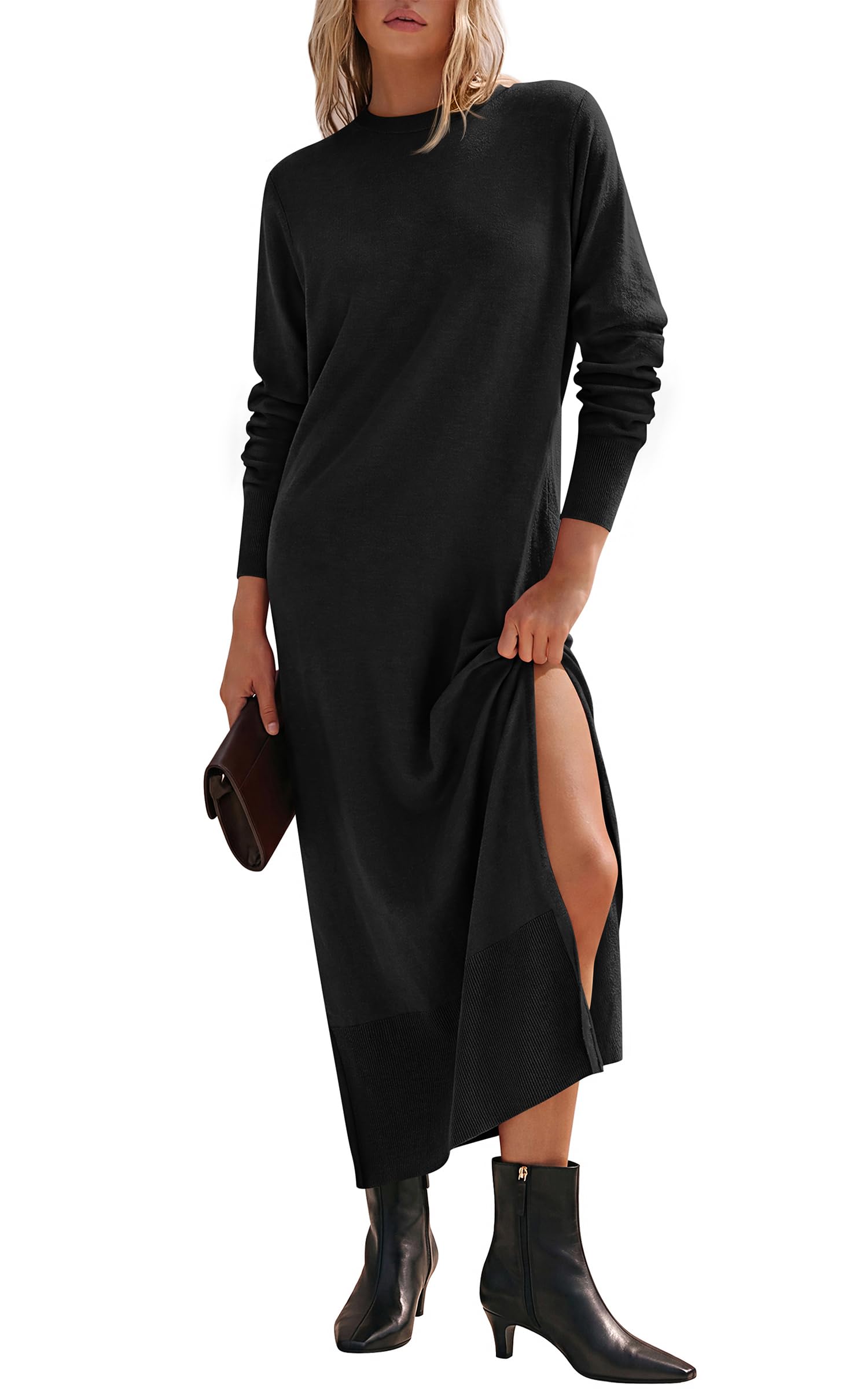 PRETTYGARDEN Maxi abito da donna in maglia, casual, a maniche lunghe