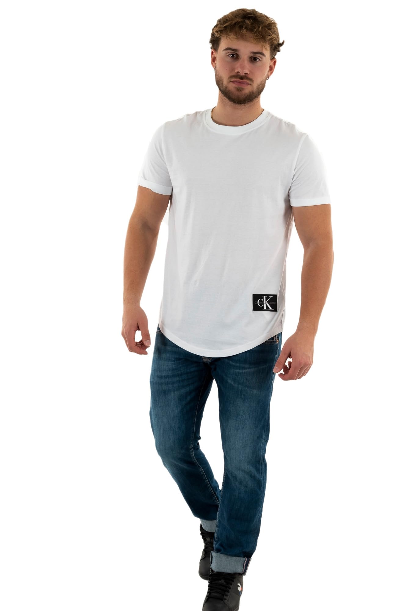 Calvin Klein Men's Badge Turn Up Sleeve Crew Neck Short Sleeve T-Shirt