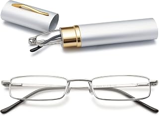 VEVESMUNDO Blue Light Blocking Reading Glasses Portable Metal Lightweight Stylish Rectangle Readers Glasses in Tube Case