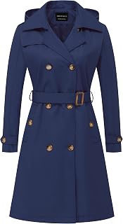 CREATMO US Women's Long Trench Coat Double-Breasted Classic Lapel Overcoat Belted Slim Outerwear Coat with Detachable Hood