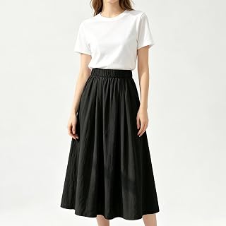 Women's Elastic Waist A-Line Midi Skirt, Flowy Casual Long Skirt with Pockets