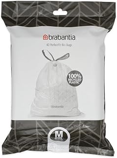 Brabantia PerfectFit Bin Liners, Tear-Resistant, Size M/60L (40 Bags) | Tie Tape Drawstring Handles, Thick Plastic Trash Bags, Hassle-Free Changing, White With Black Tie Handles