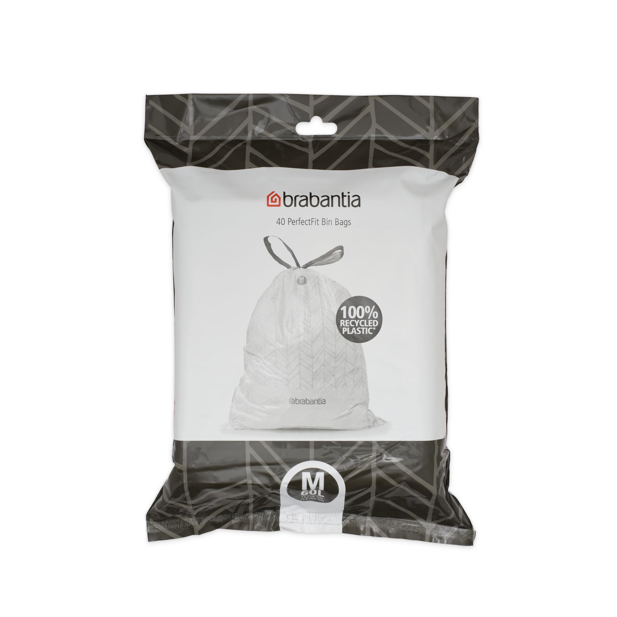 Brabantia PerfectFit Bin Liners, Tear-Resistant, Size M/60L (40 Bags) | Tie Tape