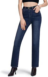 Pull-On Straight Leg Jeans for Women,High Waisted Stretchy Denim Pants