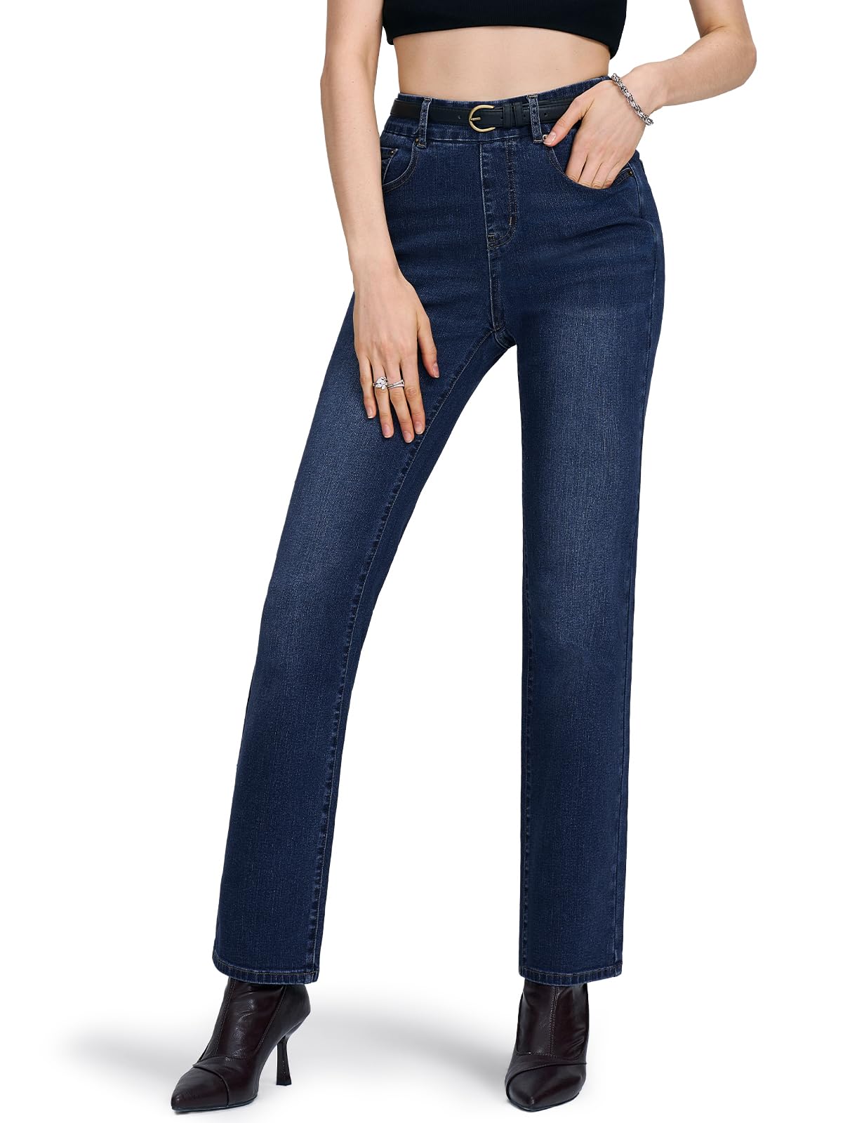 Pull-On Straight Leg Jeans for Women,High Waisted Stretchy Denim Pants