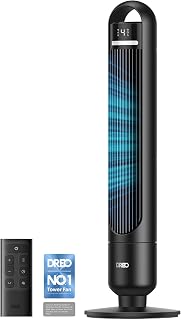 DREO Quiet Tower Fan for Bedroom& Home, 25ft/s Powerful Airflow, 29ft Coverage, 1-8H Timer, 4 Speeds, 3 Modes, 28dB Bladeless Fan with Remote Control, 90° Oscillating Cooling Fan, LED Display