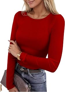 Womens Long Sleeve Shirt Stretch Crewneck Ribbed Knit Slim Fitted Tops
