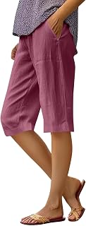 Women Cotton Linen Shorts Knee Length Elastic Waist Casual Summer Pants with Pockets
