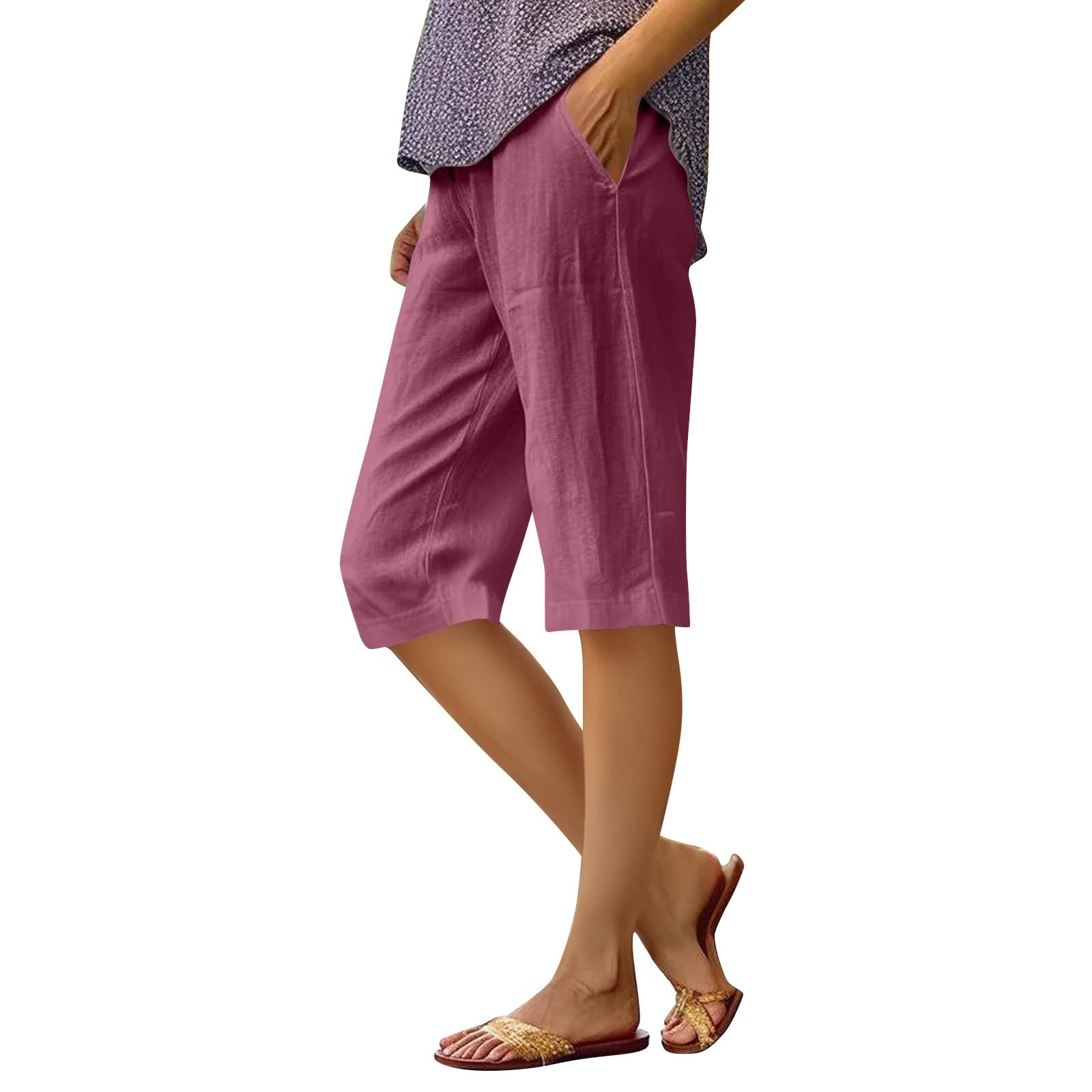 Women Cotton Linen Shorts Knee Length Elastic Waist Casual Summer Pants with Poc