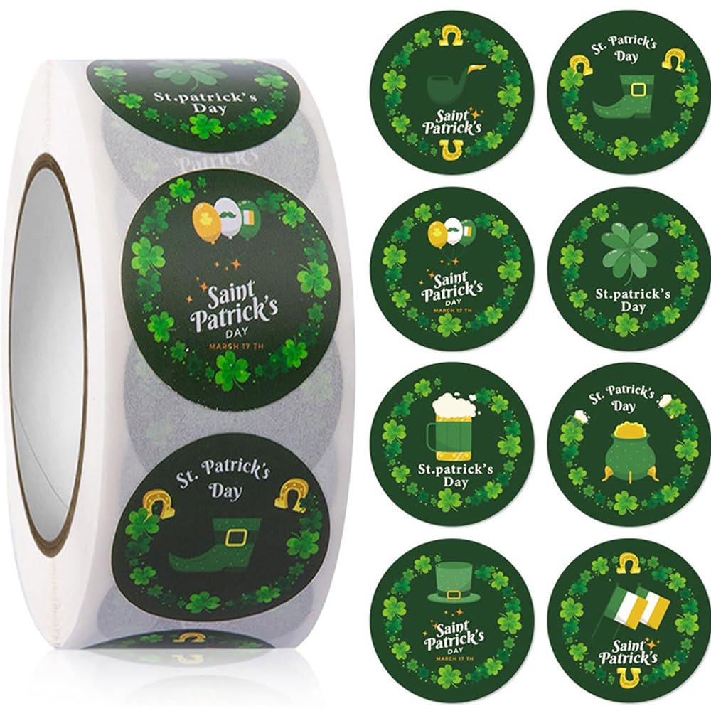 Green Lucky Shamrock, Truck, Hat Stickers 500/Roll - Self Adhesive Decorative La